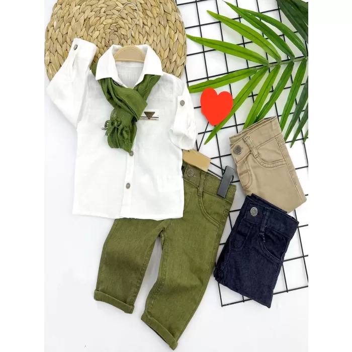 9-12-18-24 Ay Ve 3-4-5 Yaş Fularlı Pamuk Keten Gömlekli Pantolonlu 3lü Erkek Bebek Takımı Yeşil