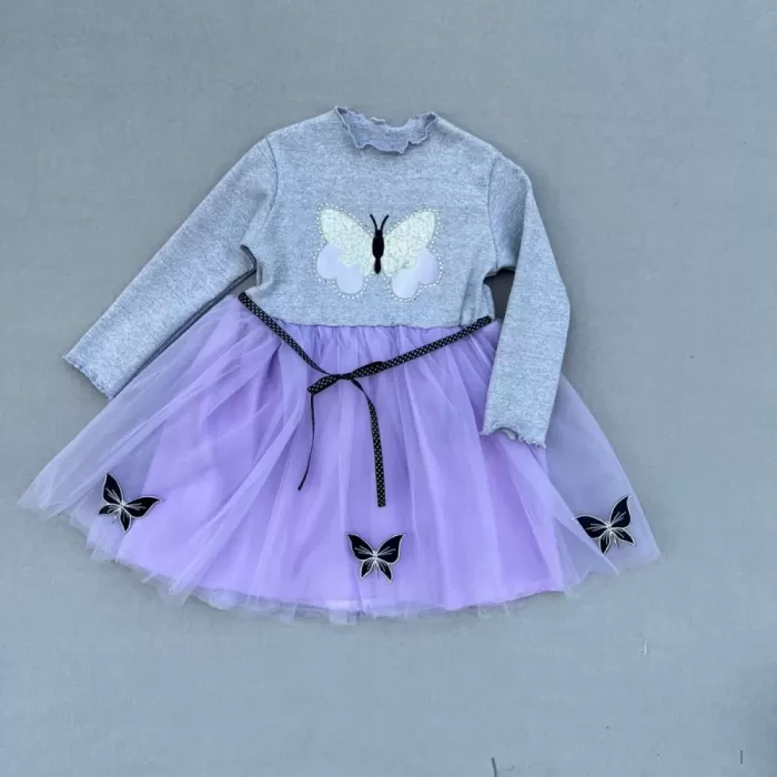 5-6-7 Yaş Taşlı Kelebek Desenli Kurdela Kuşaklı Astarlı Kız Çocuk Tütü Elbise Lila