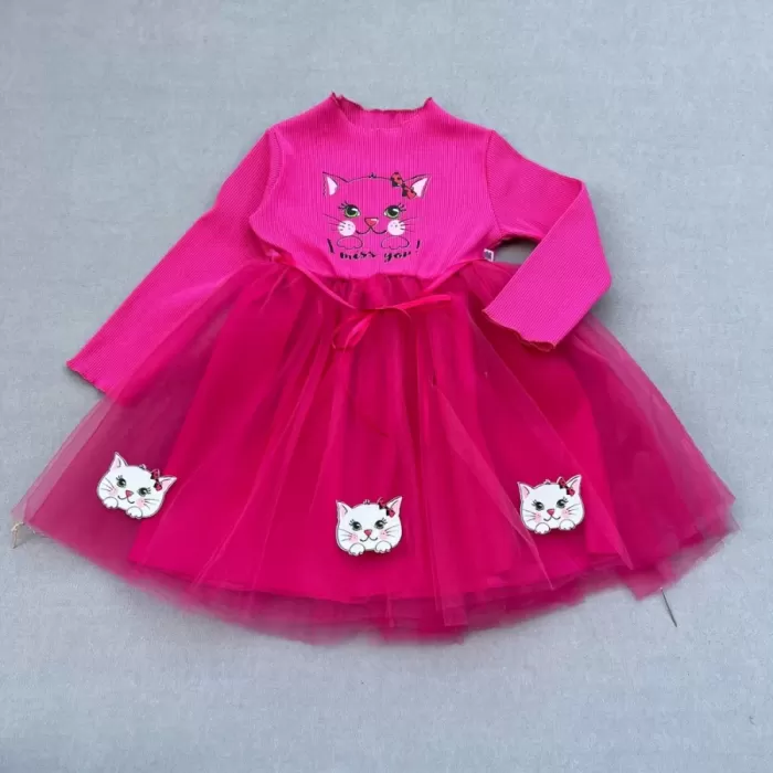 5-6-7 Yaş Minik Kedi Desenli Kurdela Kuşaklı Astarlı Kız Çocuk Tütü Elbise Fuşya