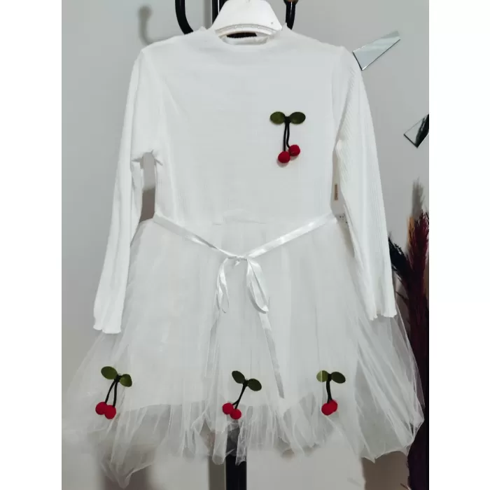 5-6-7 Yaş Kiraz Desenli Kurdela Kuşaklı Astarlı Uzun Kollu Kız Çocuk Tütü Elbise Beyaz