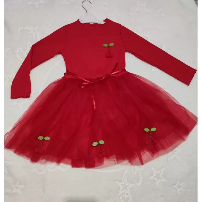 5-6-7 Yaş Kiraz Desenli Kurdela Kuşaklı Astarlı Uzun Kollu Kız Çocuk Tütü Elbise Kırmızı