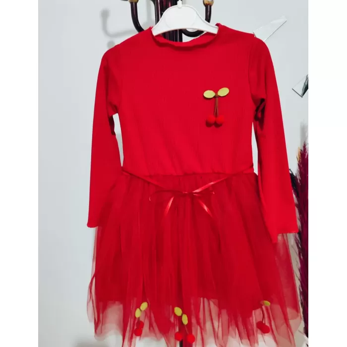 5-6-7 Yaş Kiraz Desenli Kurdela Kuşaklı Astarlı Uzun Kollu Kız Çocuk Tütü Elbise Kırmızı
