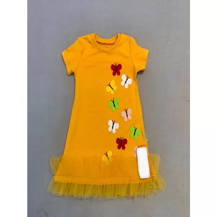 1-2-3 Yaş Renkli Kelebekler Nakışlı Eteği Fırfırlı Jile Çocuk Elbisesi Turuncu