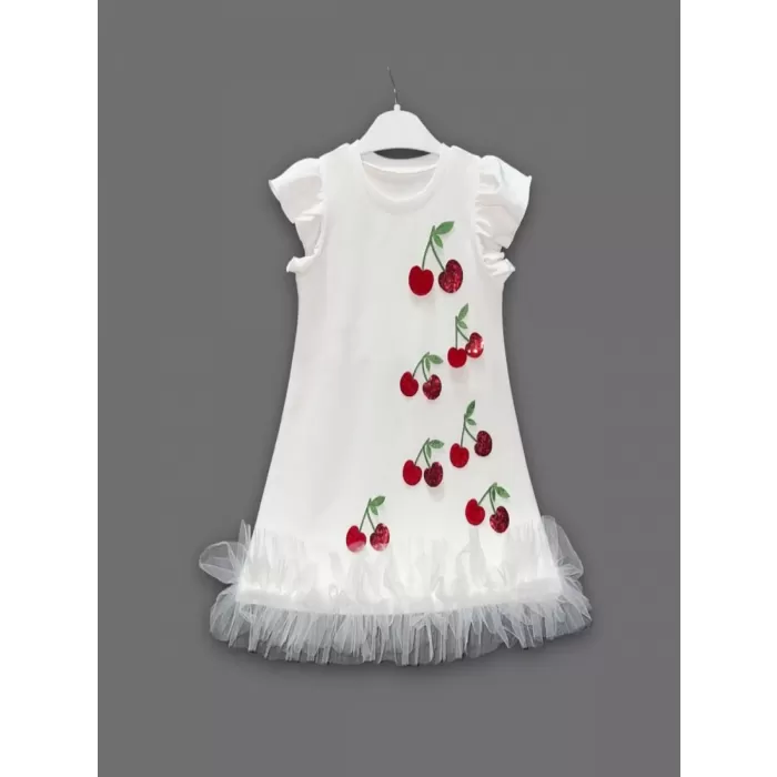 1-2-3 Yaş Payetli Kiraz Nakışlı Eteği Fırfırlı Jile Kız Çocuk Elbisesi Beyaz