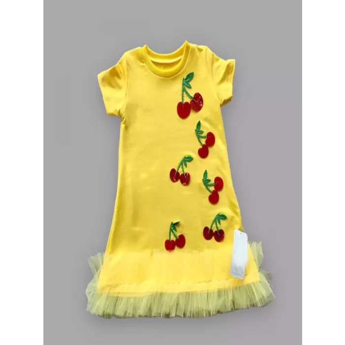 1-2-3 Yaş Payetli Kiraz Nakışlı Eteği Fırfırlı Jile Kız Çocuk Elbisesi Sarı