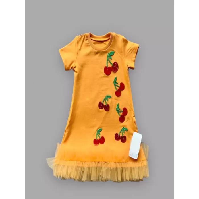 1-2-3 Yaş Payetli Kiraz Nakışlı Eteği Fırfırlı Jile Kız Çocuk Elbisesi Turuncu