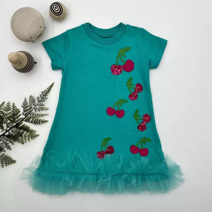 1-2-3 Yaş Payetli Kiraz Nakışlı Eteği Fırfırlı Jile Kız Çocuk Elbisesi Turkuaz