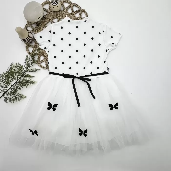 5-6-7 Yaş Puantiyeli Kelebek Etekli Astarlı Kız Çocuk Elbisesi Beyaz
