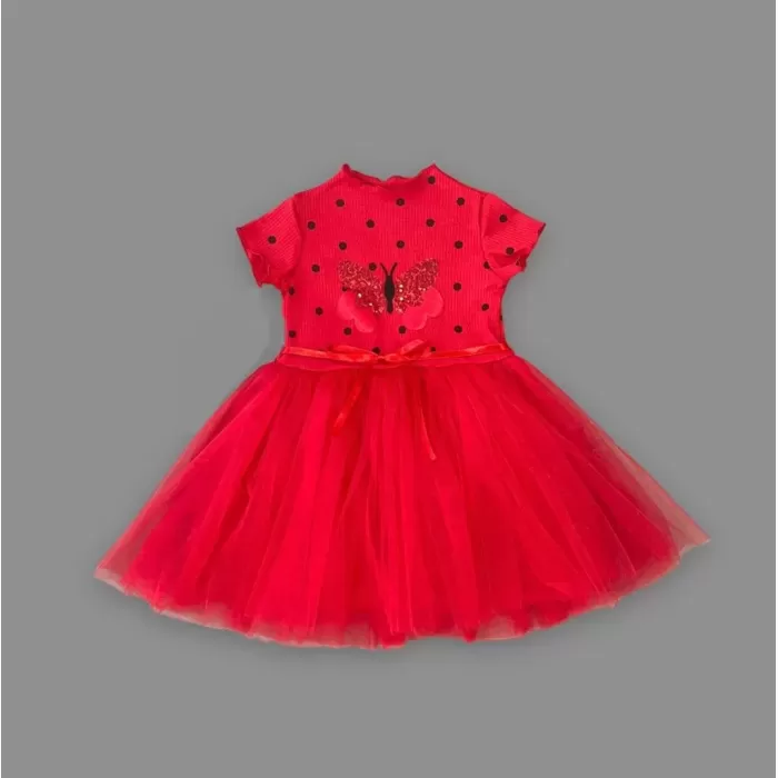 5-6-7 Yaş Payetli Kelebek Desenli Puantiyeli Kız Çocuk Elbisesi Kırmızı