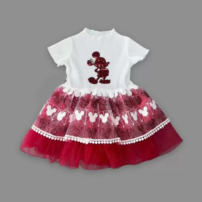 1-2-3 Yaş Payetli Mickey Baskılı Brode Etekli Kız Bebek Elbisesi Kırmızı