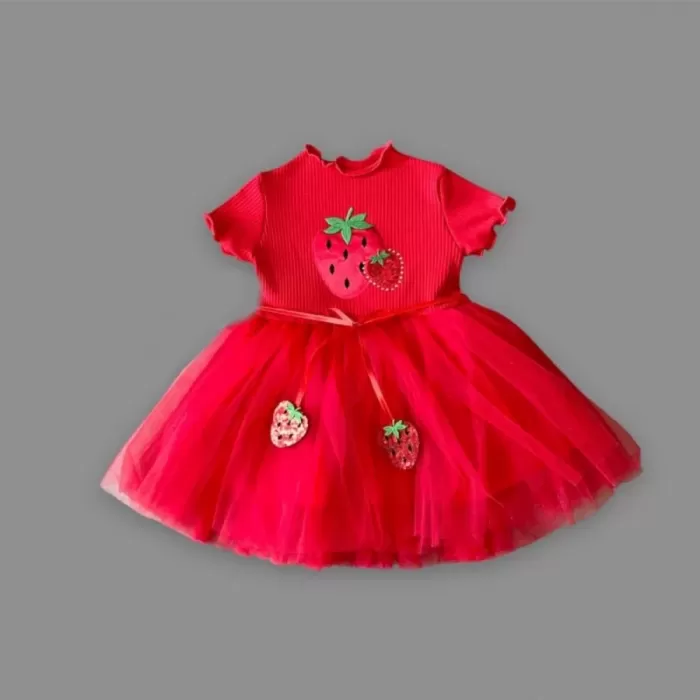 1-2-3 Yaş Payetli Çilek Baskılı Çilek Kuşaklı Kız Bebek Elbisesi Kırmızı