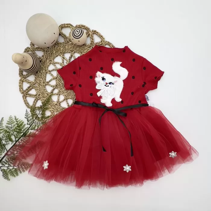 1-2-3 Yaş Payetli Kedicik Baskılı Puantiyeli Kız Bebek Elbisesi Kırmızı
