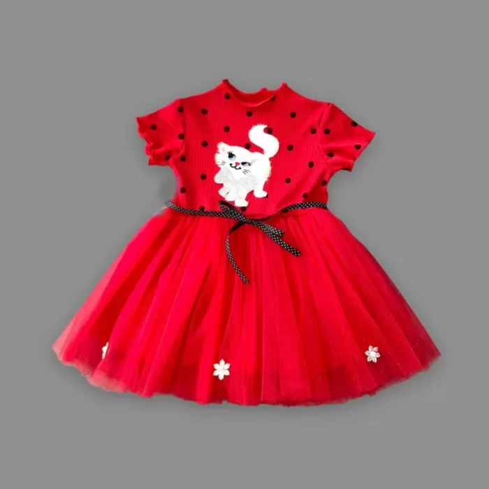 1-2-3 Yaş Payetli Kedicik Baskılı Puantiyeli Kız Bebek Elbisesi Kırmızı