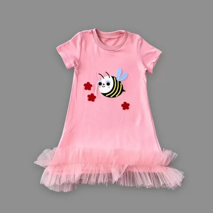1-2-3 Yaş Arıcık Nakışlı Eteği Fırfırlı Jile Kız Çocuk Elbisesi Gül Kurusu
