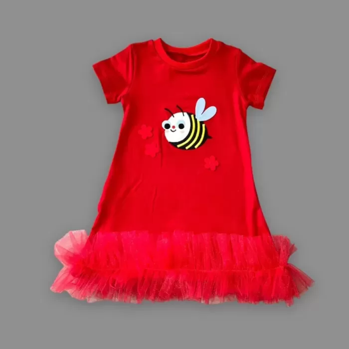 1-2-3 Yaş Arıcık Nakışlı Eteği Fırfırlı Jile Kız Çocuk Elbisesi Kırmızı