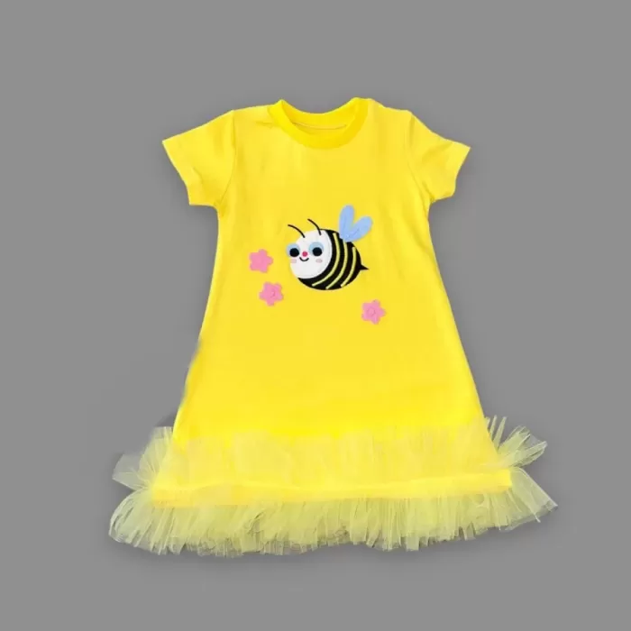 1-2-3 Yaş Arıcık Nakışlı Eteği Fırfırlı Jile Kız Çocuk Elbisesi Sarı