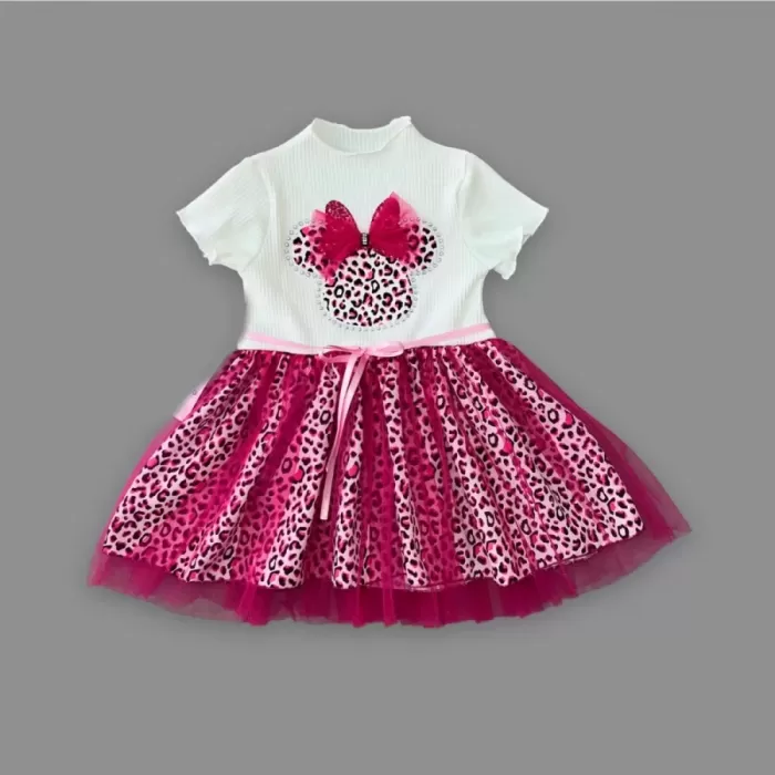 1-2-3 Yaş Fiyonklu Mickey Astarlı Etekli Kız Bebek Tütü Elbisesi Fuşya-ekru