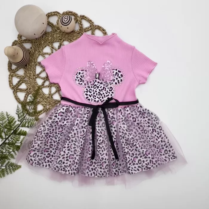 1-2-3 Yaş Fiyonklu Mickey Astarlı Etekli Kız Bebek Tütü Elbisesi Pembe