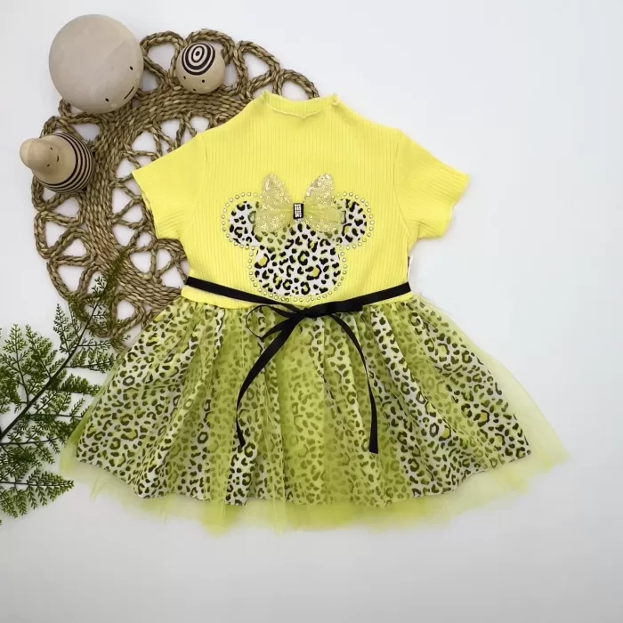 1-2-3 Yaş Fiyonklu Mickey Astarlı Etekli Kız Bebek Tütü Elbisesi Sarı