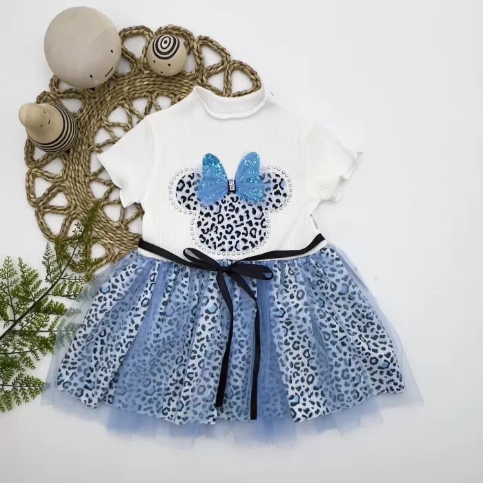 1-2-3 Yaş Fiyonklu Mickey Astarlı Etekli Kız Bebek Tütü Elbisesi Turkuaz-ekru