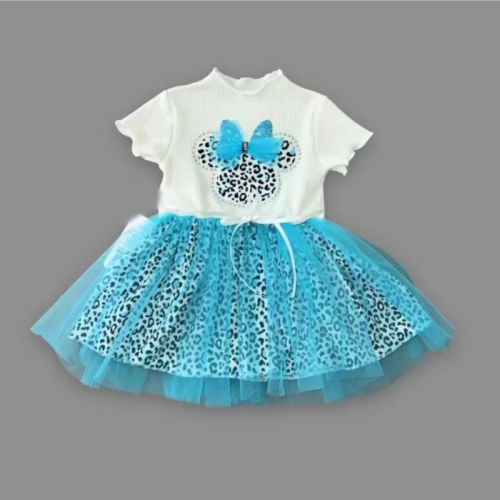 1-2-3 Yaş Fiyonklu Mickey Astarlı Etekli Kız Bebek Tütü Elbisesi Turkuaz-ekru