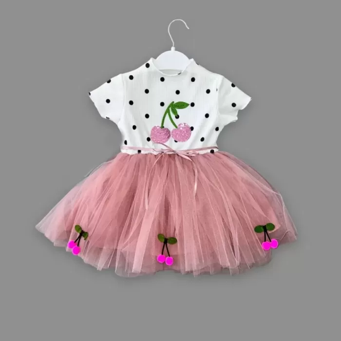 1-2-3 Yaş Payetli Kiraz Nakışlı Kiraz Etekli Kız Bebek Tütü Elbisesi Gül Kurusu
