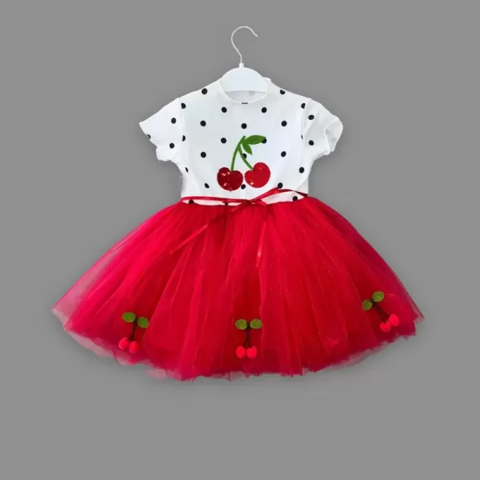1-2-3 Yaş Payetli Kiraz Nakışlı Kiraz Etekli Kız Bebek Tütü Elbisesi Kırmızı