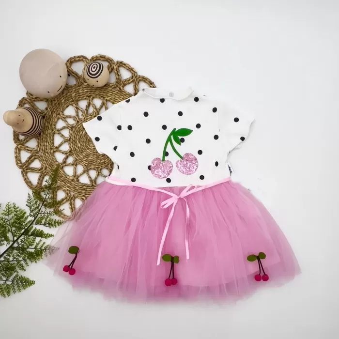 1-2-3 Yaş Payetli Kiraz Nakışlı Kiraz Etekli Kız Bebek Tütü Elbisesi Pembe