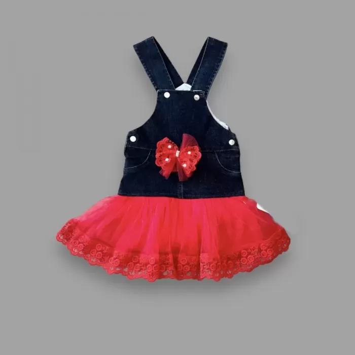 2-3-4 Yaş Fiyonklu Düğme Detaylı Tül Etek Kot Kumaş Salopet Kız Çocuk Elbisesi Lacivert-kırmızı