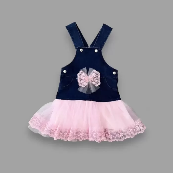 2-3-4 Yaş Fiyonklu Düğme Detaylı Tül Etek Kot Kumaş Salopet Kız Çocuk Elbisesi Lacivert-pembe