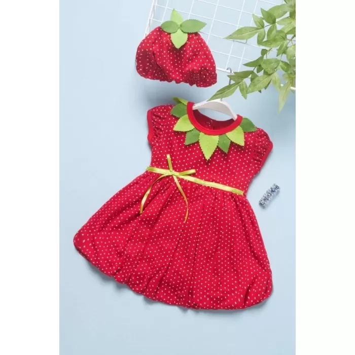 3-6-9 Ay Çilek Bebekler Penye Kumaş Kısa Kol Bebek Elbisesi Kırmızı