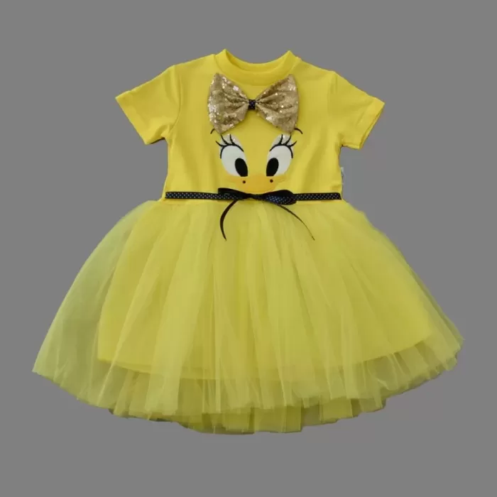 1-2-3 Yaş Payet Fiyonk Tokalı Ördek Nakışlı Astarlı Kız Bebek Tütü Elbisesi Sarı
