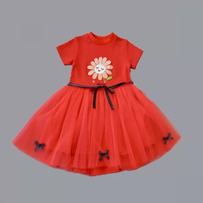 1-2-3 Yaş Payet Yapraklı Çiçek Nakışlı Astarlı Kız Bebek Tütü Elbisesi Kırmızı