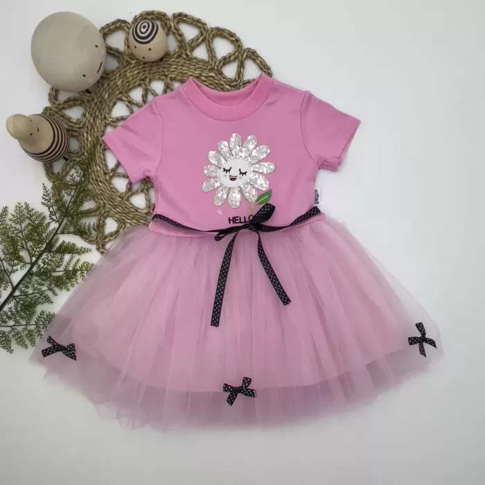 1-2-3 Yaş Payet Yapraklı Çiçek Nakışlı Astarlı Kız Bebek Tütü Elbisesi Pembe