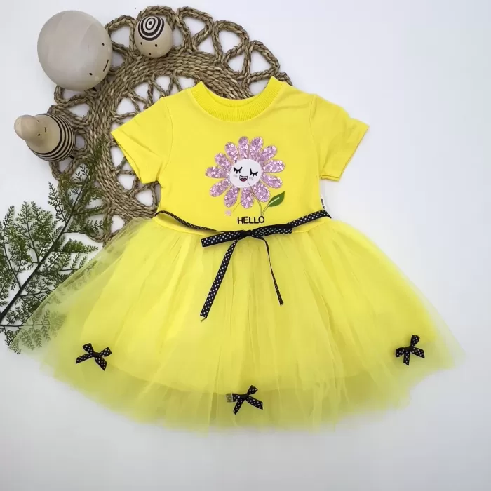 1-2-3 Yaş Payet Yapraklı Çiçek Nakışlı Astarlı Kız Bebek Tütü Elbisesi Sarı