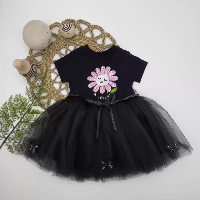 1-2-3 Yaş Payet Yapraklı Çiçek Nakışlı Astarlı Kız Bebek Tütü Elbisesi Siyah
