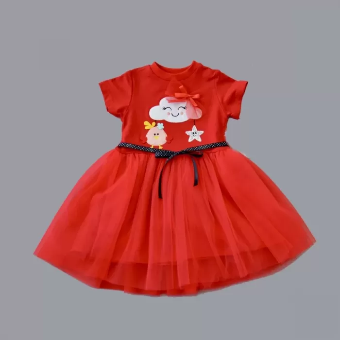 1-2-3 Yaş Tül Tokalı Bulut Civciv Ve Yıldız Nakışlı Kız Bebek Elbisesi Kırmızı