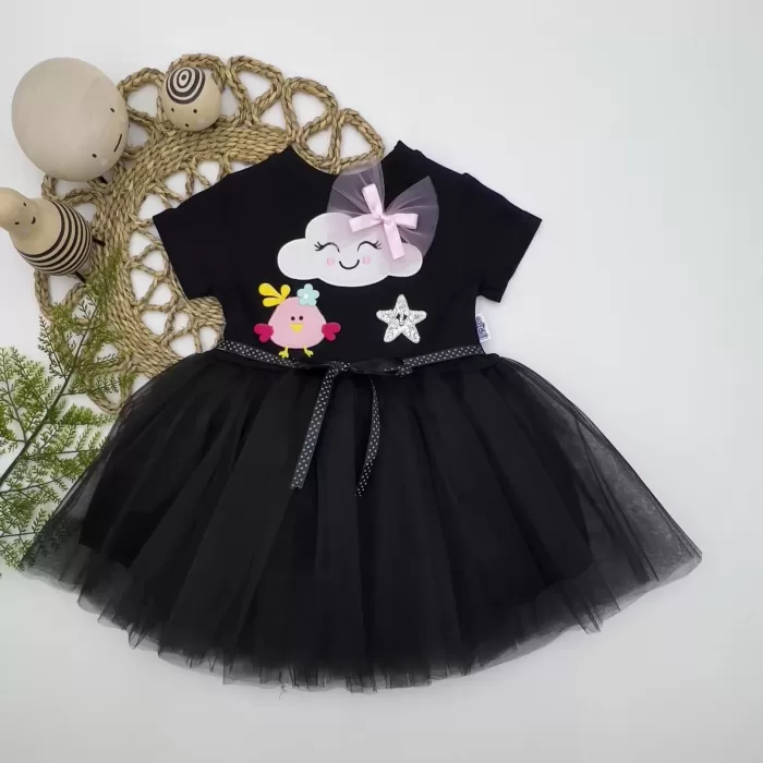 1-2-3 Yaş Tül Tokalı Bulut Civciv Ve Yıldız Nakışlı Kız Bebek Elbisesi Siyah