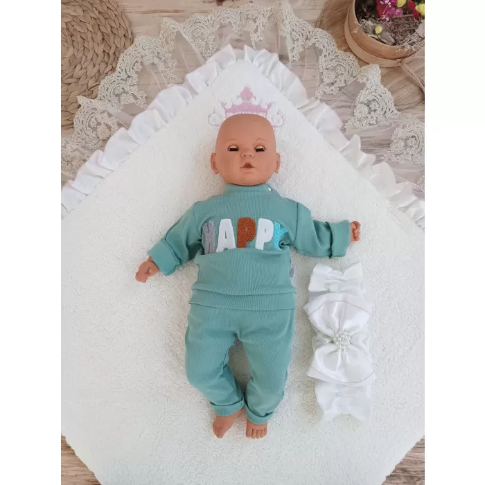 Yenidoğan Wool Yün Kumaş Taç Nakışlı Güpür Duvaklı Fiyonk Prizma Taş Unisex Kundak Bebek Battaniyesi Pembe