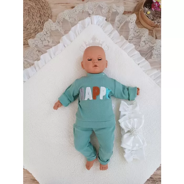 Yenidoğan Wool Yün Kumaş Taç Nakışlı Güpür Duvaklı Fiyonk Prizma Taş Unisex Kundak Bebek Battaniyesi Bej