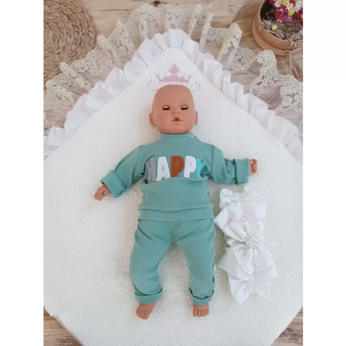 Yenidoğan Wool Yün Kumaş Taç Nakışlı Güpür Duvaklı Fiyonk Prizma Taş Unisex Kundak Bebek Battaniyesi Pembe