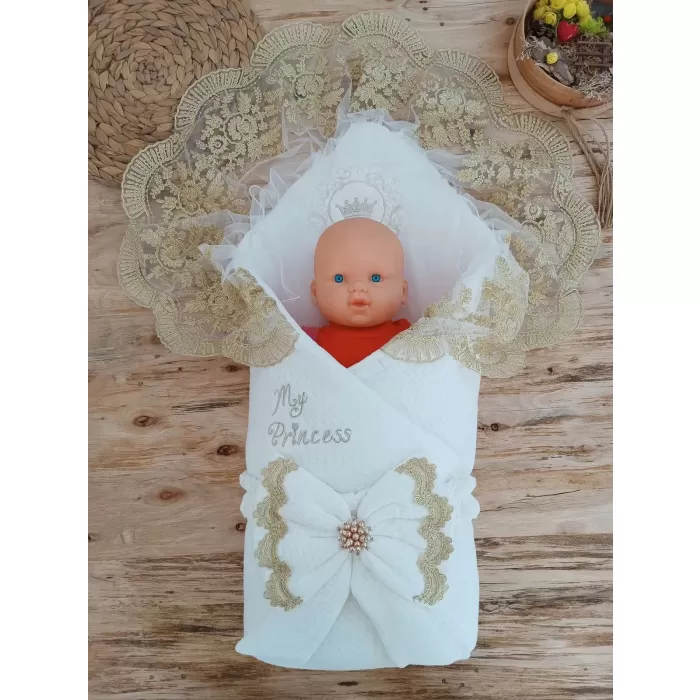 Yenidoğan Pamuk Taç Benim Prensesim Nakışlı Trilüks Kundak Bebek Battaniyesi Ekru