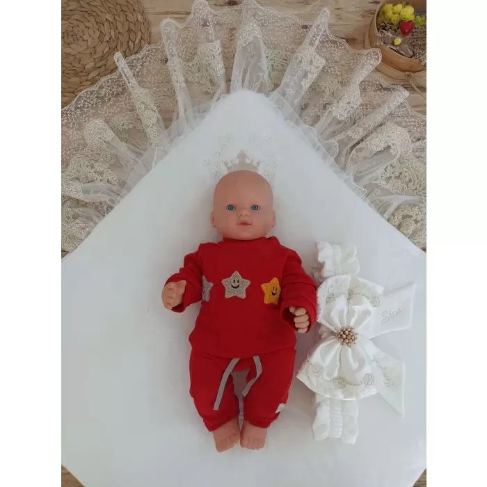Yenidoğan Sahra Taç Nakışlı Plazma Taşlı Güpürlü Fiyonklu Duvaklı Trilüks Kundak Bebek Battaniyesi Sütlü Kahve