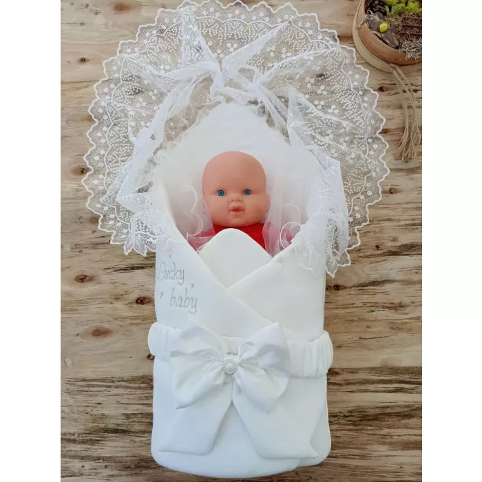 Yenidoğan Sahra Lucky Baby Nakışlı Kundak Bebek Battaniyesi Ekru