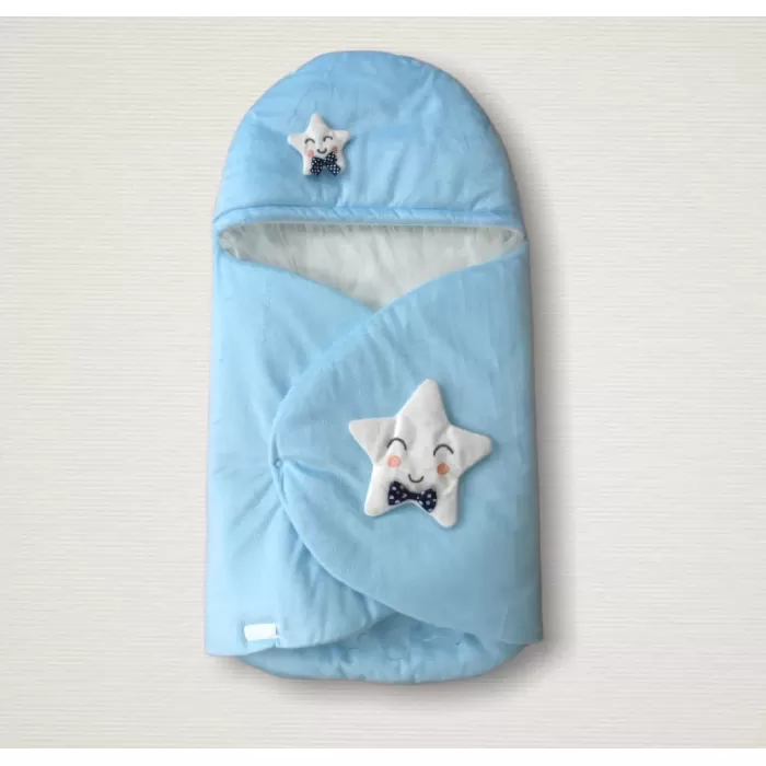 Yenidoğan Çift Yıldız Detaylı Şapkalı Duvaklı Erkek Bebek Klasik Kundak Bebek Battaniyesi Mavi