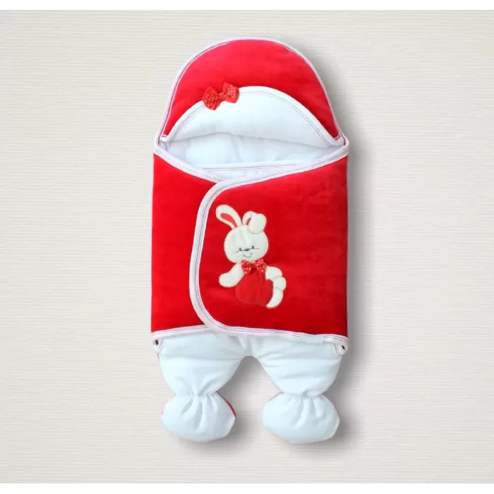 Yenidoğan Kadife Kumaş Ayıcık Nakışlı Şapkalı Kız Erkek Bebek Ayaklı Kundak Bebek Battaniyesi Kırmızı