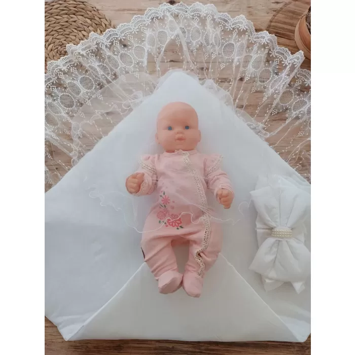 Yenidoğan Yakamoz Kumru Model Dantelli Taşlı Fiyonk Bebek Battaniyesi Kundak Ekru