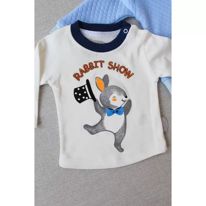 6-9-12 Ay Rabbit Şhow Nakışlı Kapşonlu Ceket Uzun Kollu Sweat Erkek Bebek 3lü Takım Mavi