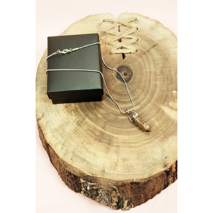 Kahverengi Akik Doğal Taşı Zincirli El Yapımı Tasarımlı Kolye Uç: 3,5 cm Zincir: 20 cm Kutulu