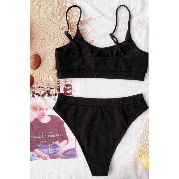 Angelsin Yüksek Bel Fitilli Kumaş Tankini Bikini Takım Siyah Ms4371